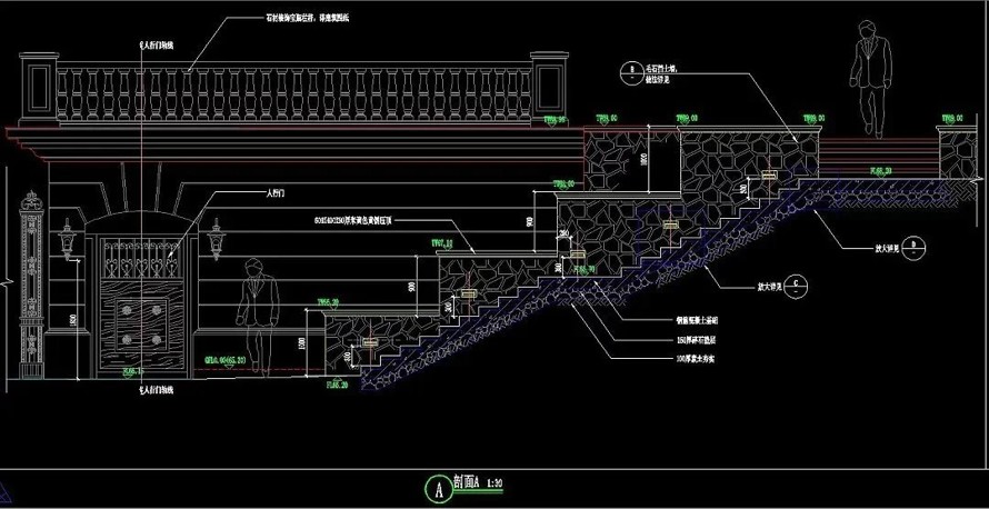 水景（溪流、瀑布、涌泉）-挡墙方向典藏级施工图资料-某国企专家楼景观设计全套施工图（园建+植物+水电+结构）