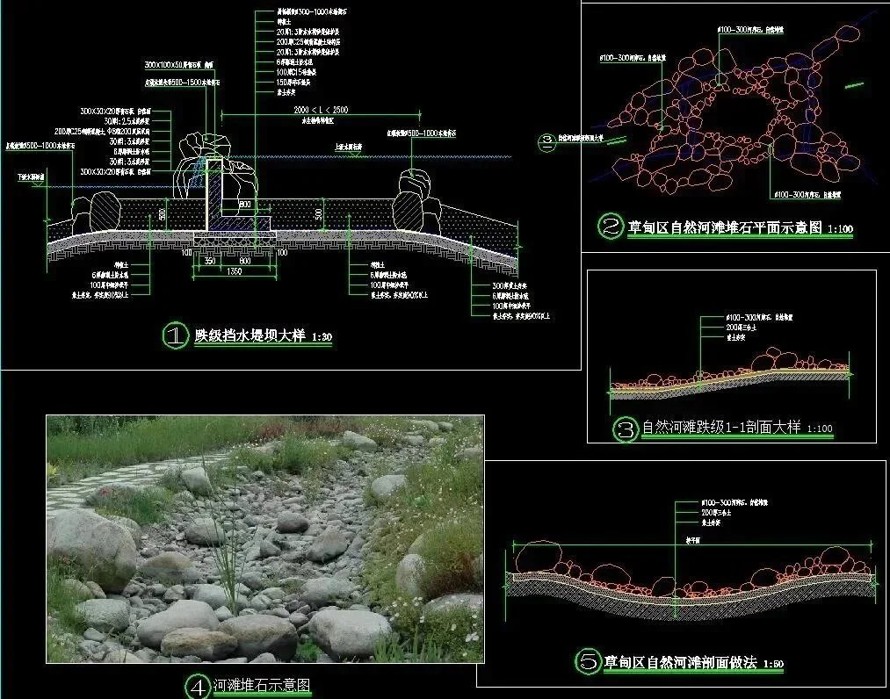 山地公园顶豪项目参考资料-瀑布跌水-草甸河滩-吐水景墙-水上栈道-某城市山地公园景观项目施工图（园建总图和详图+绿化）