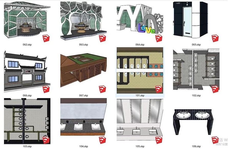 美丽乡村-市政公园等景区建筑小品精品SU模型系列文件之--公共卫生间SU精品模型（该项目资料为：72个精细SU模型文件）