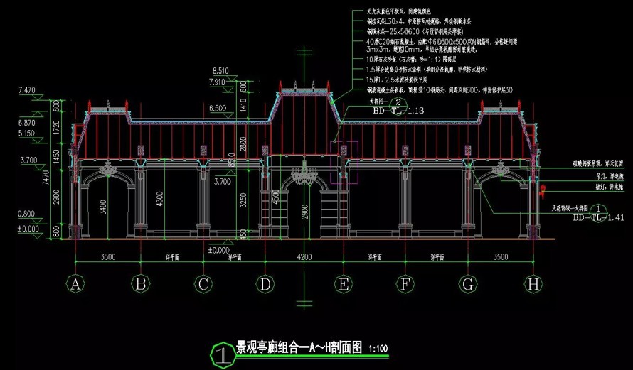 恒大豪宅经典景观构筑-亭廊组合标准设计制图-三个经典亭廊组合标准化施工图+SU模型（三个亭廊组合施工详图+SU精细模型）