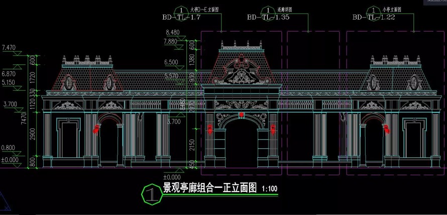 恒大豪宅经典景观构筑-亭廊组合标准设计制图-三个经典亭廊组合标准化施工图+SU模型（三个亭廊组合施工详图+SU精细模型）