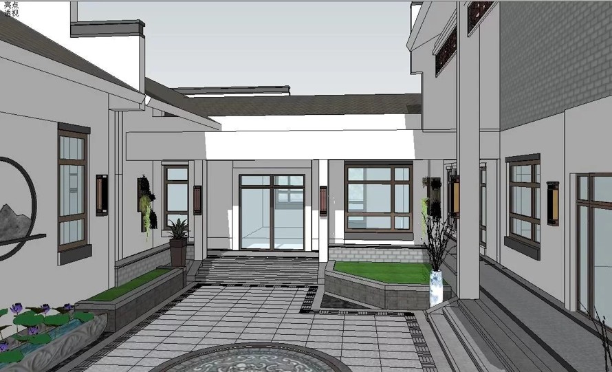 土豪级四合院庭院景观设计方案+超精细SU模型+CAD总图（尺寸标注、物料标注、植物配置）